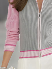 Stand Collar Zipper Contrast Color Knitted Cardigan