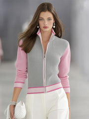 Stand Collar Zipper Contrast Color Knitted Cardigan