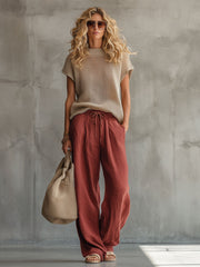 Retro Short-sleeved Knit Top And Brick Red Cotton Linen Wide-leg Pants Set
