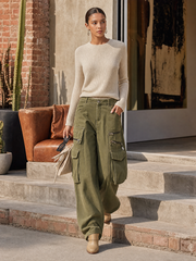 Women's Olive Green Wide Leg Cargo Pants High Waist Multi Pocket Baggy