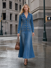 Vintage Wash Western Denim Maxi Dress Women Double-Breasted Button Front Long Sleeve