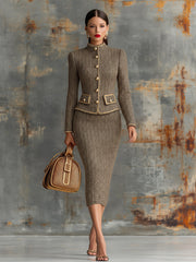 Vintage Herringbone Gold Trim Stand Collar Jacket And Skirt Set
