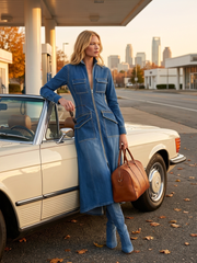 Women's Blue Denim Midi Dress Long Sleeve Zip Front Utility Pockets