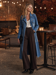 Women's Two-Tone Belted Denim Trench Coat Utility Pockets Long Slit Safari