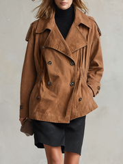 Women's Brown Denim Trench Jacket Double Breasted Drawstring Waist Oversized Utility Fall
