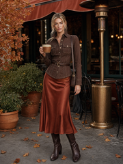 Women's Brown Denim Shirt Jacket Fitted Contrast Stitch Flap Pockets Stand Collar