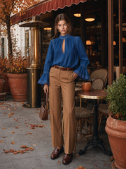 Women's Blue Denim Blouse Mock Neck Keyhole Bell Sleeve Boho Flowy Top