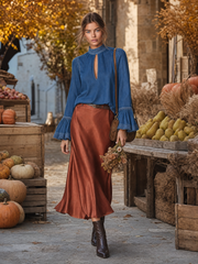 Women's Blue Denim Blouse Mock Neck Keyhole Bell Sleeve Boho Flowy Top