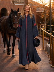 Women's Navy Striped Maxi Dress Long Bell Sleeve V-Neck Boho Contrast Trim