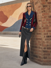 Women's Velvet Denim Patchwork Blazer Double Breasted Gold Button Slim Fall 2026 Jacket