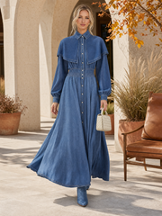 Women's Long Sleeve Denim Maxi Dress Cape Collar Button Down Fall 2026