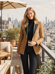 Women's Tan Suede Blazer Fitted Leather Lapel Single Button Western Fall