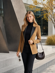 Women's Tan Suede Blazer Fitted Leather Lapel Single Button Western Fall