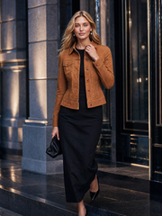 Women's Tan Denim Jacket Fitted Stand Collar Chest Pockets Contrast Snap Buttons