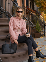 Women's Pink Belted Denim Jacket Stand Collar Fitted Western Coat