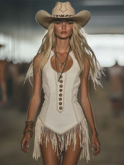【24-hour shipping out】Elegant Western Chic Round Neck White Tassel Mini Dress
