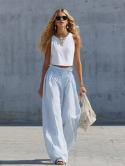 Stylish Casual White Cotton Tank Top And Blue Striped Pants Set