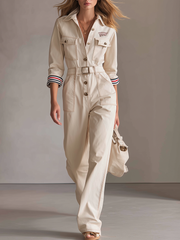 Women's Denim Utility Jumpsuit Long Sleeve Wide Leg Belted Button Front