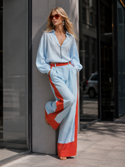 Stylish Casual Blue Color-Block Wide-Leg Cotton-Linen Pants