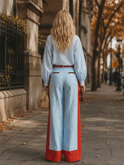 Stylish Casual Blue Color-Block Wide-Leg Cotton-Linen Pants