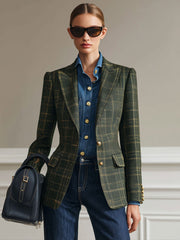 Simple Retro Dark Green Plaid Blazer