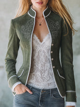 Vintage-style Color-blocked Trim And Embroidered Olive Green Faux Suede Jacket
