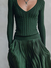 Vintage-luxe V-neck Emerald Green Cable-knit And Satin Patchwork Maxi Dress