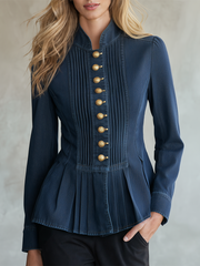 Vintage Stand-collar Metal-button Ruched Cropped Denim Jacket