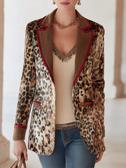 Retro-style Boho Trim Brown Leopard-print Faux Suede Mid-length Blazer