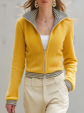 Retro Yellow Fleece Stand-Collar Double-Zip Striped-Trim Fitted Cropped Jacket Women