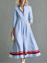 Retro-style Color-blocked Blue Striped Long-sleeved Collared Cotton Midi Dress