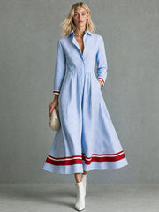 Retro-style Color-blocked Blue Striped Long-sleeved Collared Cotton Midi Dress