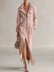 Women's Pink Denim Shirt Dress Long Sleeve Zip Front Slit Midi