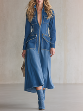 Women's Blue Denim Midi Dress Long Sleeve Zip Front Utility Pockets