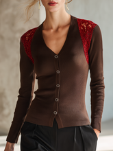 Retro-chic Ribbed Knit Top With Lace Shoulder Panels