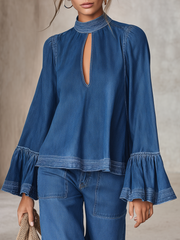 Women's Blue Denim Blouse Mock Neck Keyhole Bell Sleeve Boho Flowy Top