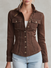 Women's Brown Denim Shirt Jacket Fitted Contrast Stitch Flap Pockets Stand Collar