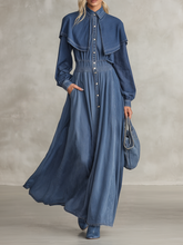 Women's Long Sleeve Denim Maxi Dress Cape Collar Button Down Fall 2026