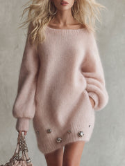 Retro-elegant Pink Mohair Knit Mini Dress