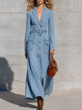 Retro-elegant Blue Single-breasted Denim Maxi Dress