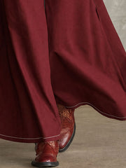 Vintage Burgundy Stand-up Collar Zipper Cotton Maxi Dress