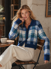 Retro-chic Blue Plaid Collared Knit Cardigan