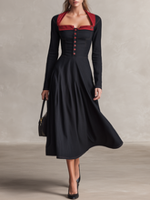 Women's Black Denim Midi Dress Square Neck Long Sleeve Button Fit Flare