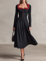 Women's Black Denim Midi Dress Square Neck Long Sleeve Button Fit Flare
