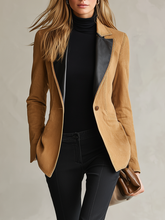 Women's Tan Suede Blazer Fitted Leather Lapel Single Button Western Fall