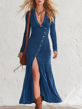 Stylish Blue Washed Cotton Patchwork Denim-Trim V-Neck Maxi Dress