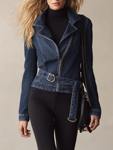 Women's Dark Denim Moto Jacket Belted Asymmetric Zip Fitted Biker Western Fall