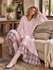Women's Oversized Hooded Sweatshirt with Plaid Hem Contrast Maxi Dress