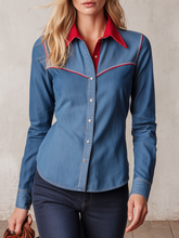 Women's Western Denim Shirt Contrast Red Collar Piping Fitted Snap Button