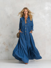 Women's Multi-pocket Full-skirt Blue Denim Maxi Dress